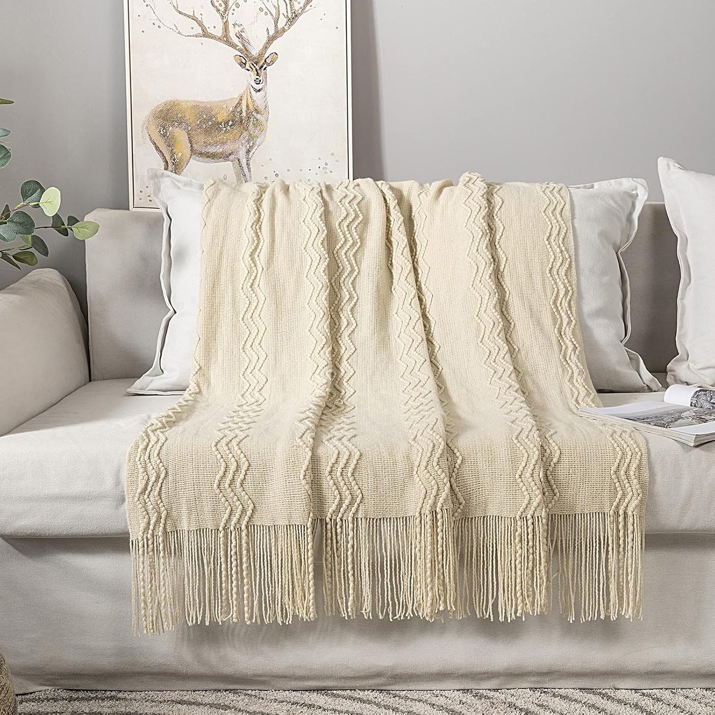 MIULEE Knitted Beige Throw Blanket Soft Sofa Knit Blanket for Couch 50 x 60 Inches, Solid Cozy Lightweight Wave Pattern Decorative Blankets with Tassels for Women, Kids and Babys