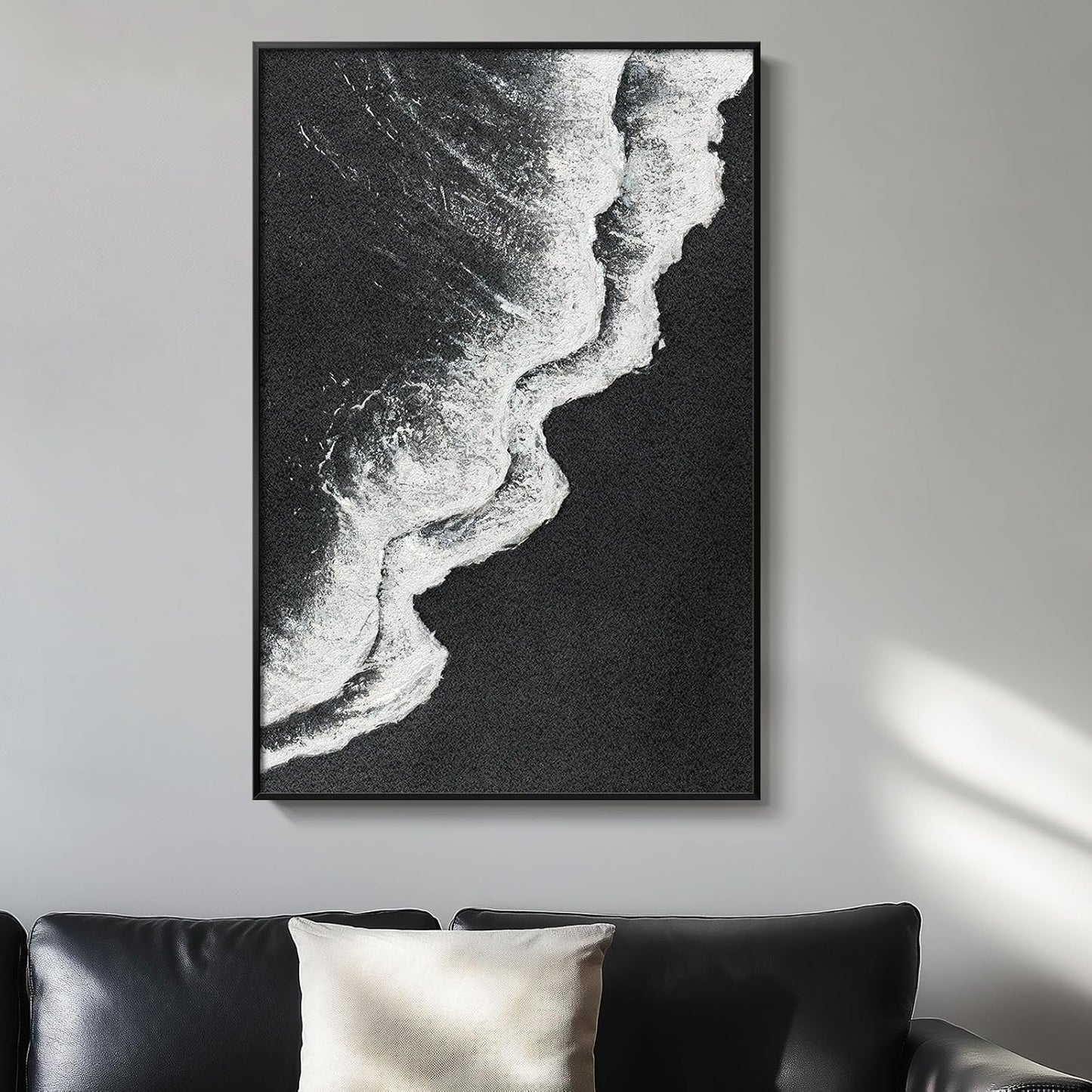 Framed Black and White Abstract Beach Canvas Wall Art, Modern Minimalist Art Prints Paintings Artwork for Walls, Ocean Wave Pictures for Living Room Dining Room Bedroom Bathroom Wall Decor 24x36 In
