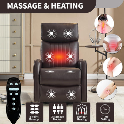 Manual Swivel Rocker Recliner Chair for Adults, Overstuffed Reclining Glider Chair for Nursing with Vibration Massage & Heat, Living Room Rocking Recliner 2-Stage backrest, Faux Leather Brown