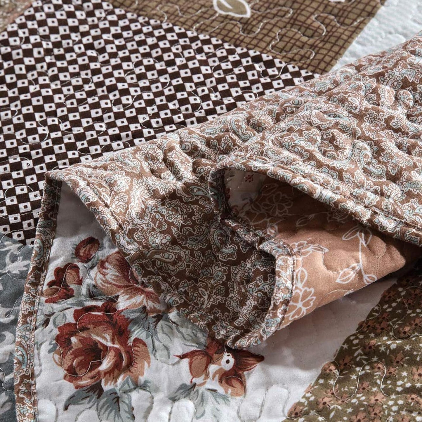 NEWLAKE Quilt Bedspread Sets-Checkered Floral Reversible Coverlet Set,King Size