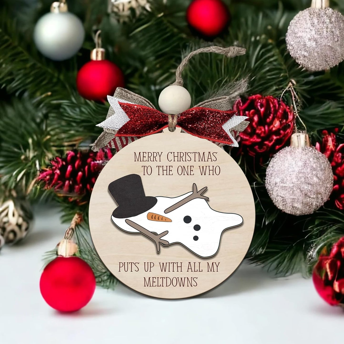 Funny Christmas Ornament – Snowman Meltdown Quote Wooden Round Tree Decoration, Hilarious Gift for Wife Husband Friends, White Elephant & Secret Santa Gift Exchange Holiday Ornament