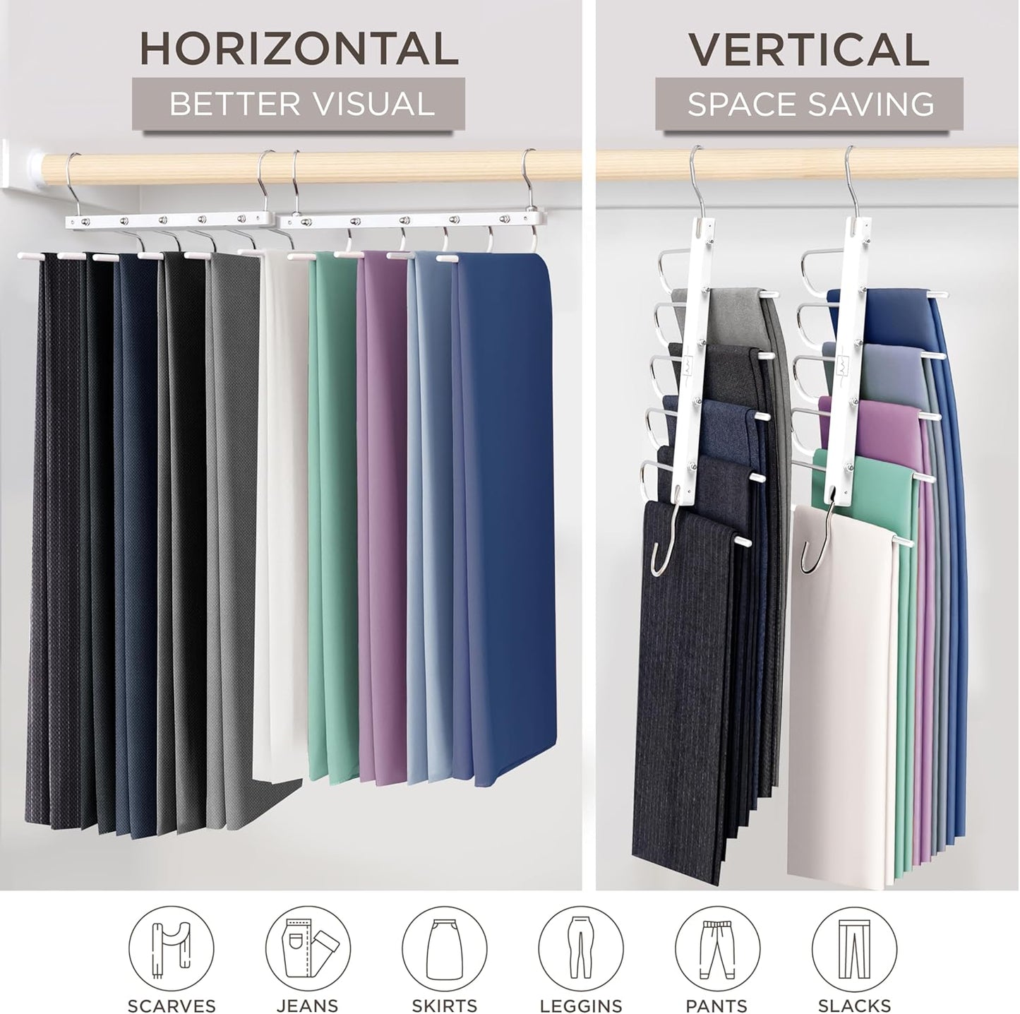 MORALVE Pants Hangers Space Saving - European Beechwood Scarf and Jean Hangers - Closet Organizer and Space Saver Pant Rack, Leggings Hanger, and Scarf Holder with 360° Swivel Hook (1 Pack)