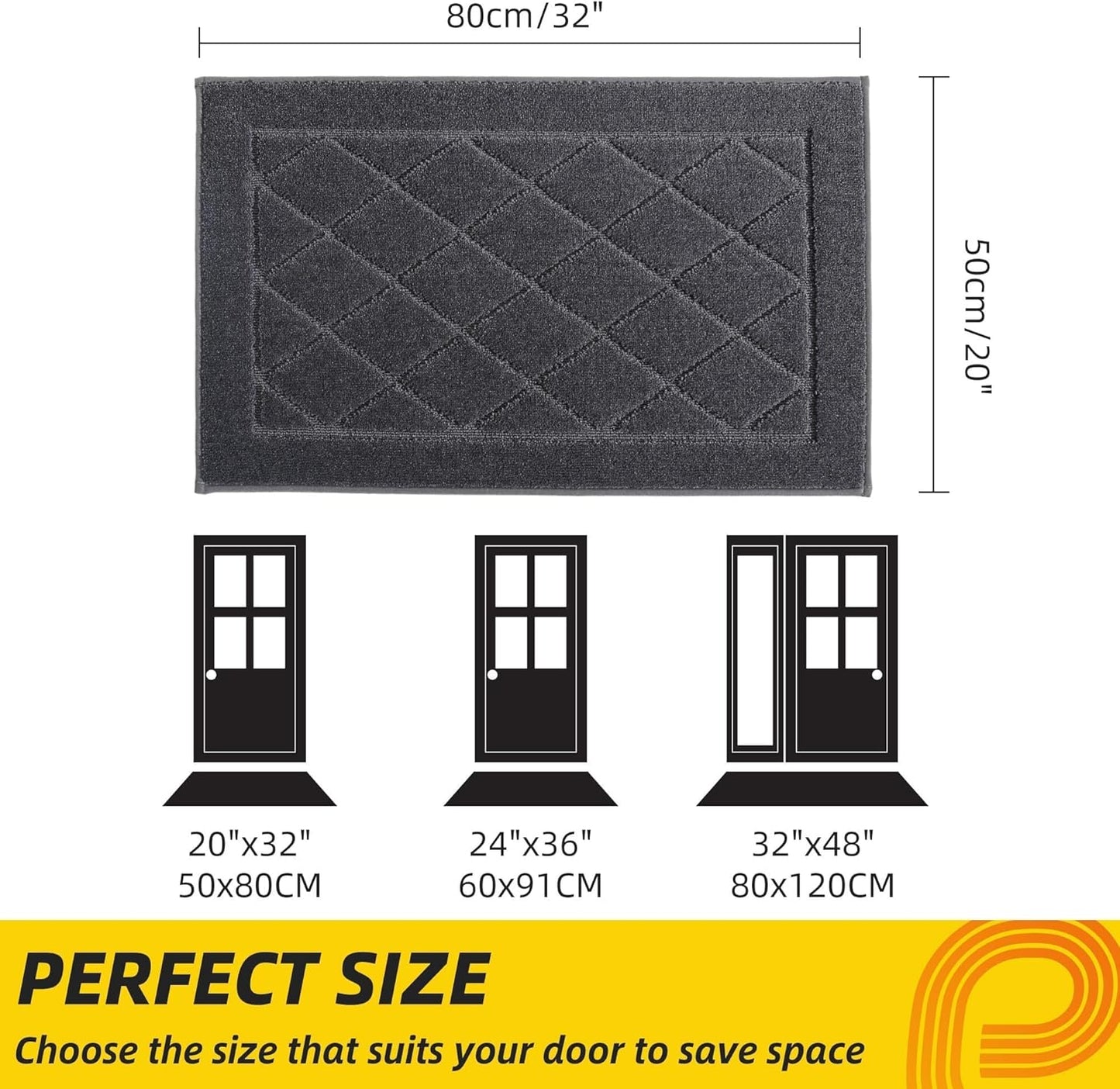 JSEI Dirt Trapper Door Mat 20"x32", Non-Slip Washable Entryway Mats, Dog Door Mat, Stain Resistant and Absorbent Floor Mats, Low Profile Welcome Mat for Front Back Door, Dark Grey