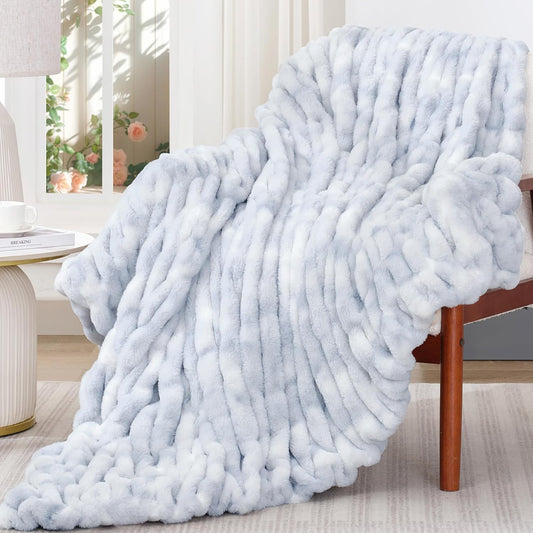 Touchat Ruched Faux Rabbit Fur Blanket, 700 GSM Luxury Dual-Sided Soft Cozy Blanket, Fuzzy Fluffy Plush Throw for Bed, Couch and Sofa - 60"x80", Tie-dye Blue