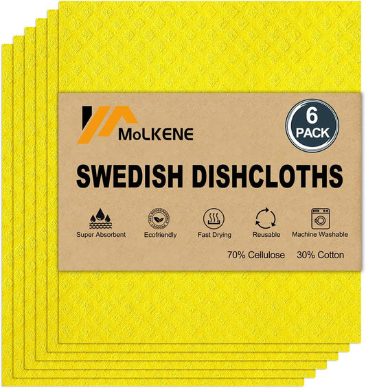 Swedish Dishcloths for Kitchen | 6 Pack Absorbent Cellulose Sponge Cloths Washable | Non-Scratch