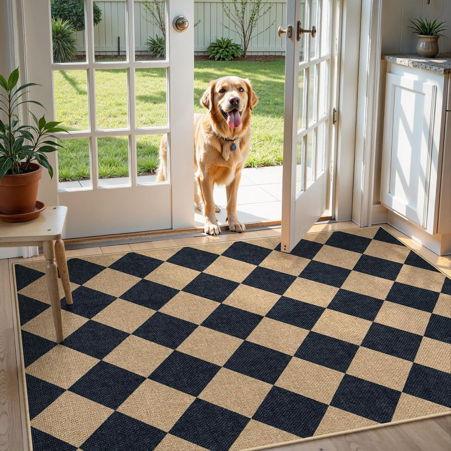 Lahome Checkered Easy Jute 3x5 Outdoor Patio Rug, Washable Rugs for Entryway Diamond Indoor Outdoor Living Room Carpet, Farmhouse Neutral Non Slip Black Door Carpet for Backyard Bedroom