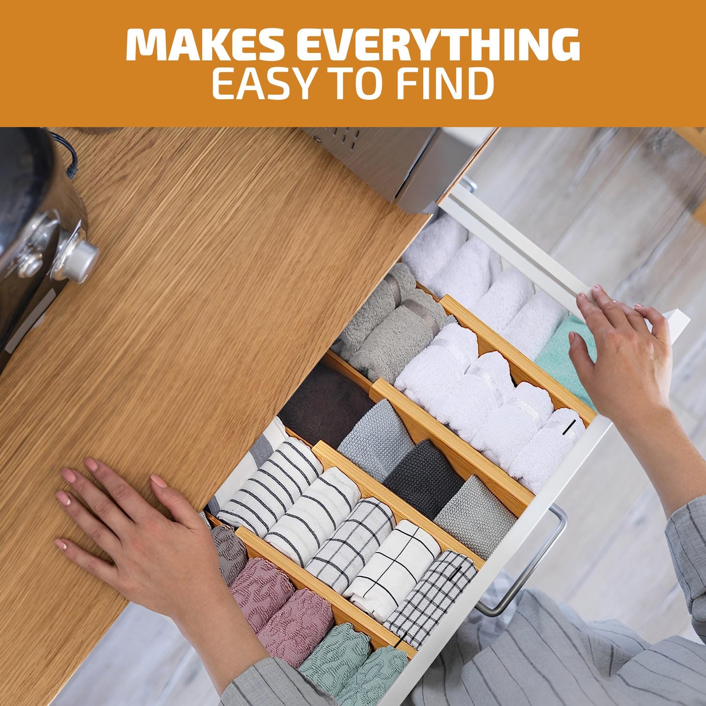 Bambüsi 4-Pack Drawer Divider - 2.6" High, 16" to 22" Adjustable Bamboo Drawer Organizers for