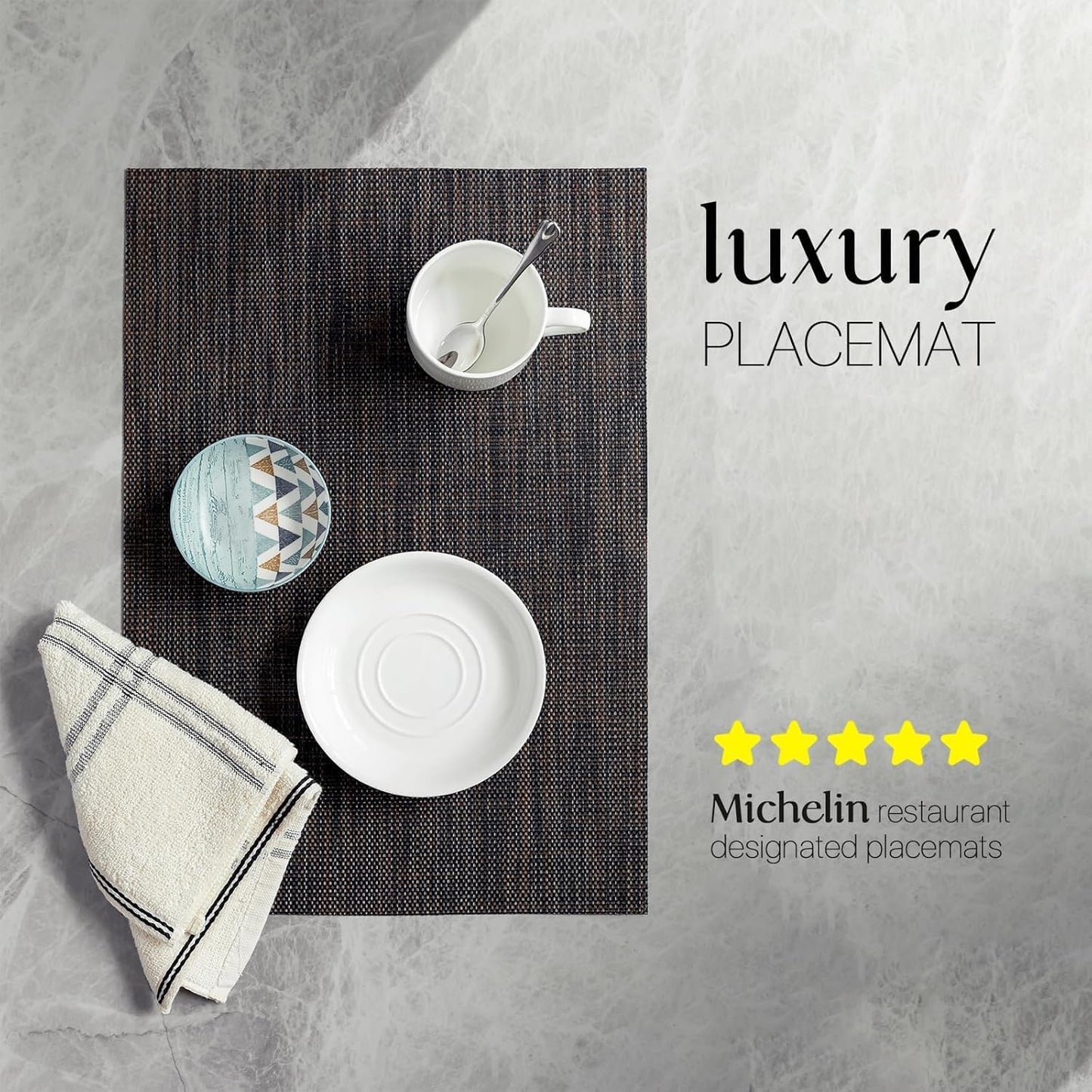 LEXMORE Placemats Set of 6 Vinyl/Plastic Woven Place Mats for Kitchen Table Indoor/Outdoor Washable Placemat Wipeable Dining Table Mats(A-Black/Brown)