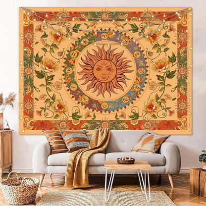 Aipon Yellow Sun and Moon Tapestry Hippie Indie Tapestries Boho Orange Flower Floral Tapestry Wall Hanging Cool Vintage Aesthetic Wall Tapestry for Bedroom Living Room Dorm (80'' × 60'', Orange)