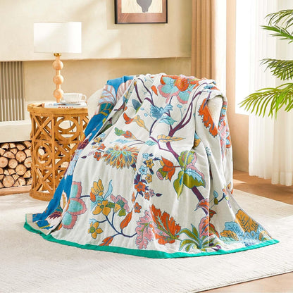 Summer Throw Blanket, 90"x98" Reversible Bohemian Flower Blanket, 100% Cotton Muslin Breathable Woven, Farmhouse Decorative Throw Blanket