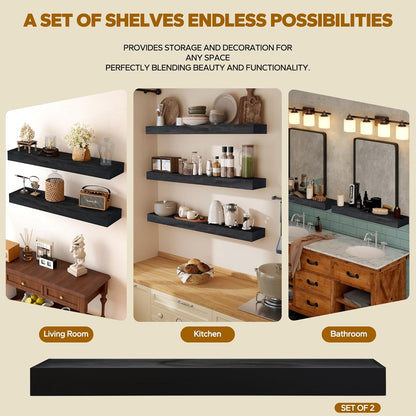 Floating Shelves 3 inch Thick for Wall Set of 2,Solid Pine Wood Wall Mount Shelf for Kitchen Living Room Bedroom Bathroom,8" D x 48" L x 3" H-Black