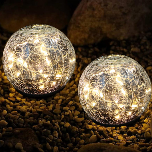 Garden Decoration, Cracked Glass Solar Globe Lights for Yard Pathway Patio Halloween Christmas Outside Decor,Warm White 2 Pack 50 LED(4.7”)