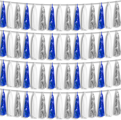 4P Navy-Blue White-Silver Foil Fringe Metallic Tassel Garland Banner, Tassels Banner Streamers for Parade Floats, Bachelorette, Wedding, Birthday, Halloween, Bridal/Baby Shower Party Decorations