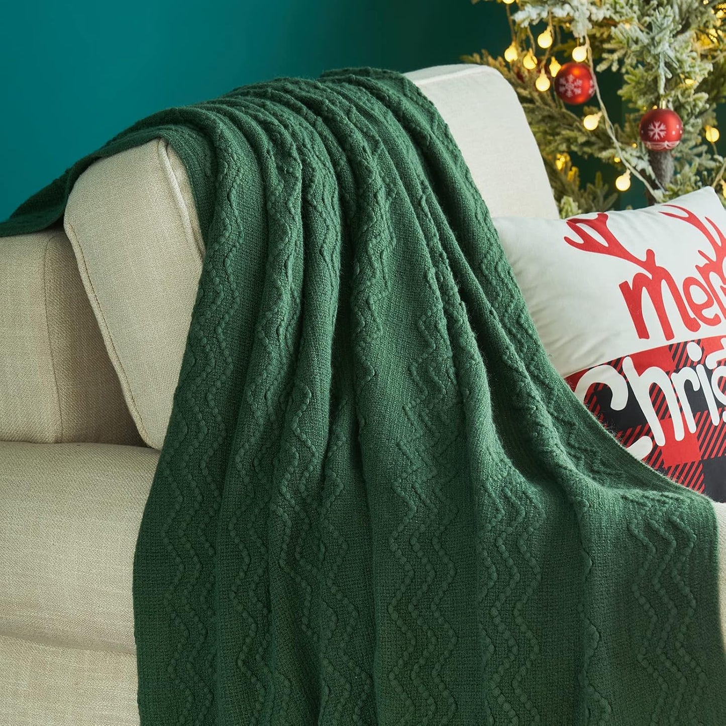 MIULEE Dark Green Knitted Throw Blanket for Couch Boho Textured Cozy Woven Blanket with Tassels for Sofa Chair Bed Living Room Acrylic Wave Pattern 50"x60"