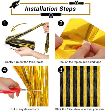 2 Pack Graduation Backdrop, 3.28 FT x 7.05 FT Black and Gold Foil Fringe Curtains, Metallic Foil Curtain Graduation Backdrop, Grad Party Supplies Black and Gold Party Decorations Class of 2025