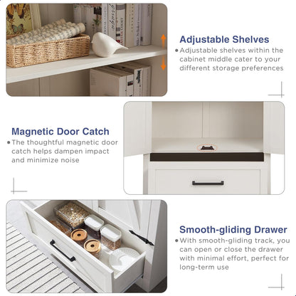 JXQTLINGMU Farmhouse Kitchen Pantry Cabinet - 72" Tall Wood Kitchen Storage Cabinets with Adjustable Shelves & 2 Barn Style Doors & Drawer, Versatile Storage for Dining Room, Bathroom, Antique White