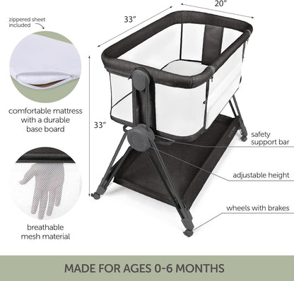Baby Bedside Sleeper - Bassinet & Bedside Crib with Height Adjustment & Wheels - Can Be Placed Next to Bed - Attaches to Parents Bed - Easy to Fold & Carry Bassinet (Grey)