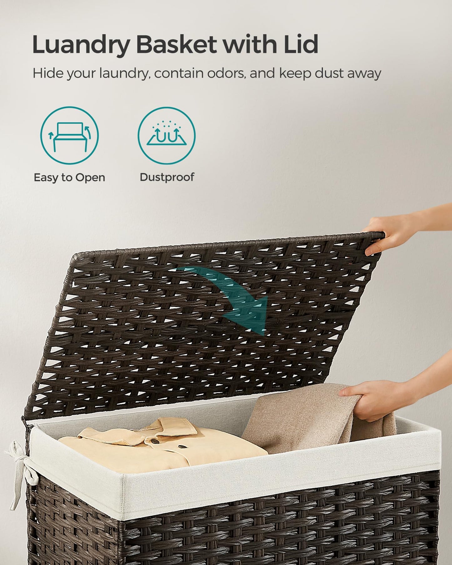 SONGMICS Storage Basket with Lid, Woven Blanket Storage Bin with Handles, Foldable, Removable