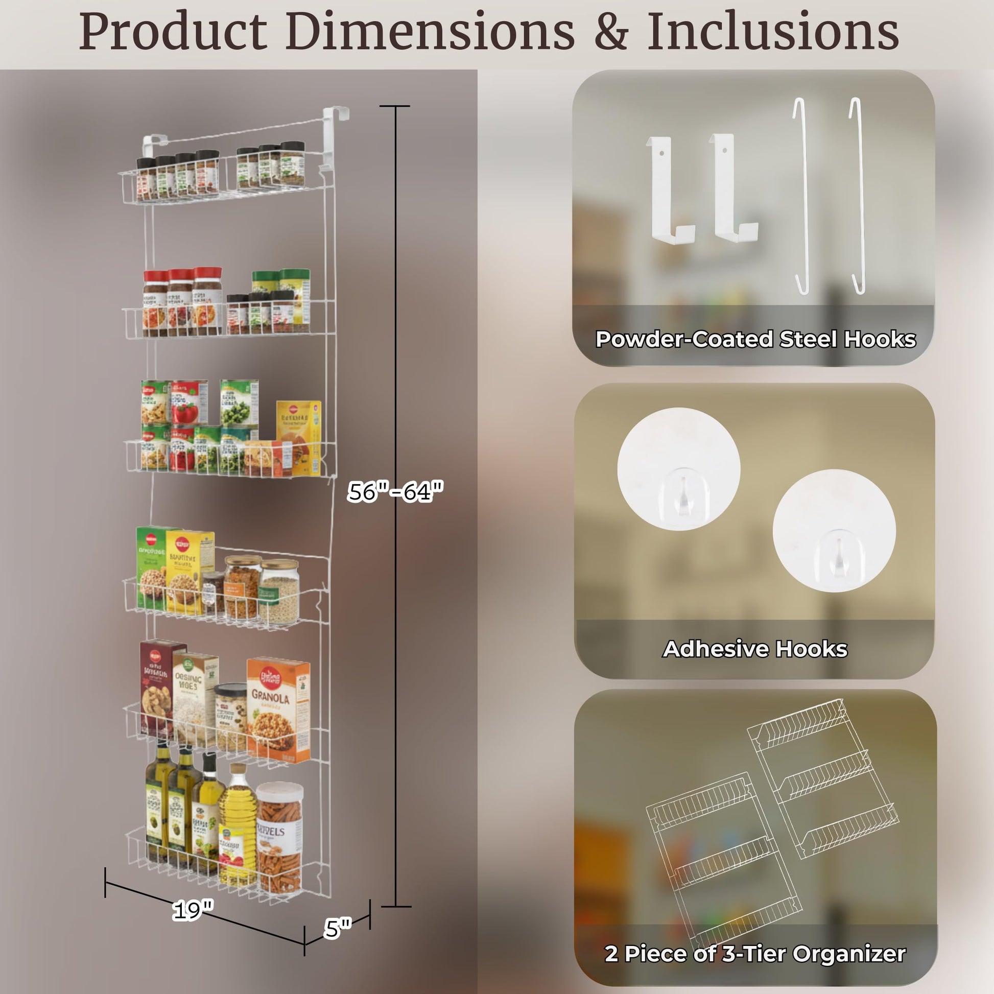 Over the Door Organizer - 6-Tier Adjustable Pantry Shelves and Rack for Kitchen Organization