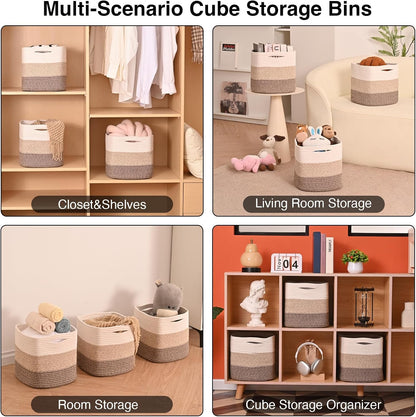 11 Inch Cube Storage Bins, Storage Cube Organizer Bins, Woven Cotton Rope Baskets for Storage, Storage Basket for Organizing Shelves, Square Baskets for Toys, Gradient Brown (Pack of 3)