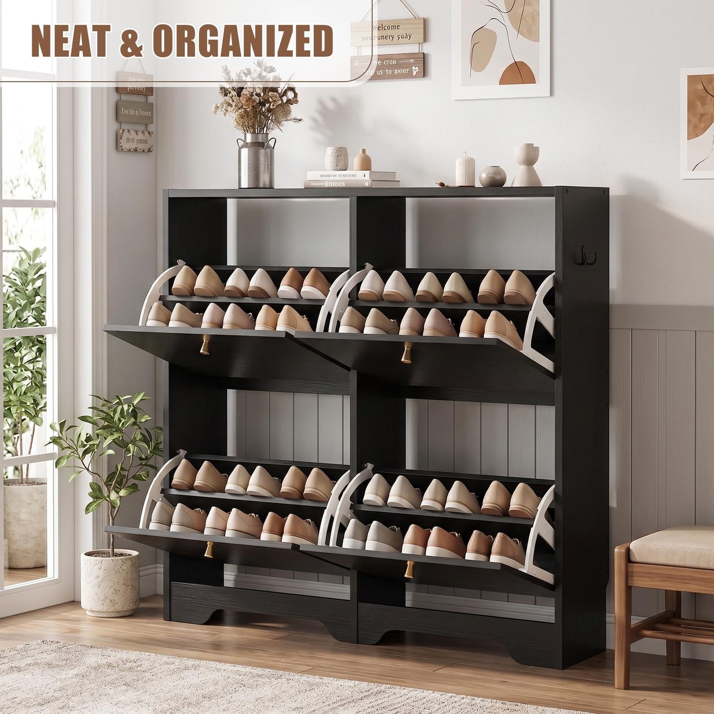 Nicetree Shoe Cabinet, 4 Flip Drawers Slim Black Entryway Storage