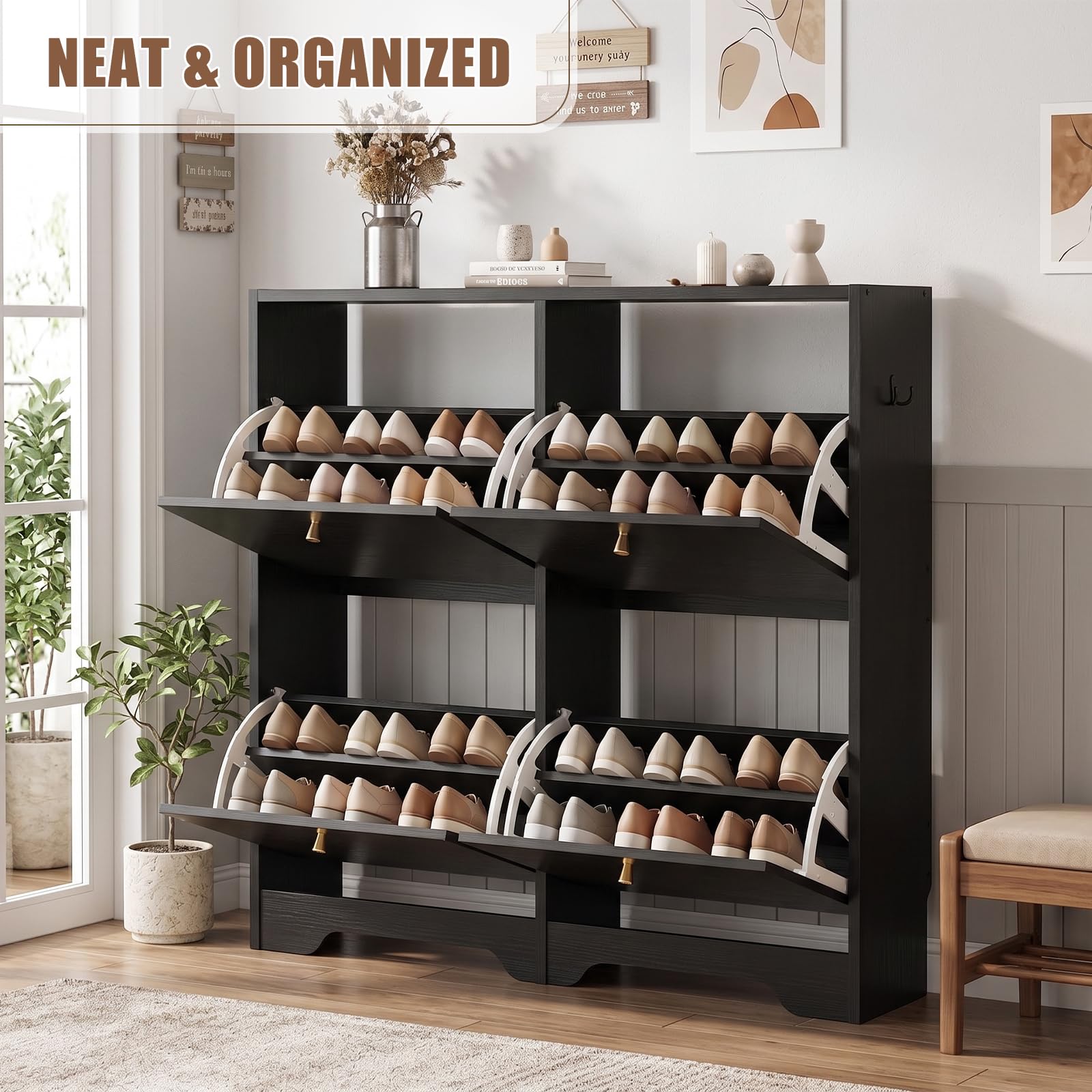 Nicetree Shoe Cabinet, 4 Flip Drawers Slim Black Entryway Storage