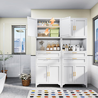 75” Tall Kitchen Pantry Storage Cabinet, Metal Bathroom Storage Cabinet with 2 Drawers and Adjustable Shelves, Kitchen Pantry Cupboard, Freestanding Cupboard for Bathroom, Living Room (White)