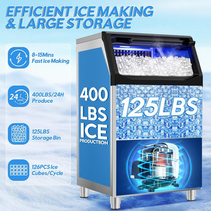 Commercial Ice Maker Machine 400LBS/24H with 125LBS Large Ice Storage Bin, 126Pcs Clear Ice Cubes in 11Mins, Stainless Steel Under Counter Industrial Ice Machine for Bar, Restaurant Business