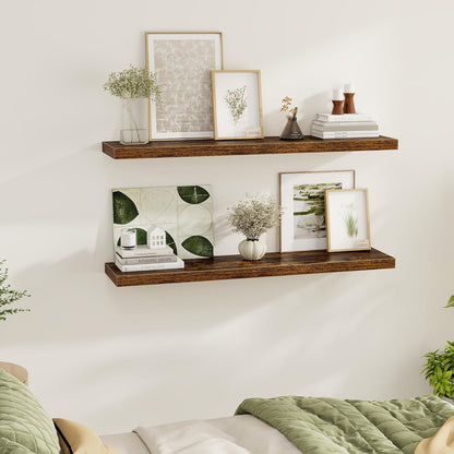 Floating Shelves Wall Shelf 48 Inch, 9.3 Inch Deep Floating Shelf, Farmhouse Black Wood Shelves Invisible Bracket for Living Room, Bedroom, Kitchen, 48 x 9.3 x 1.4 Inch, Set of 2, Rustic Brown