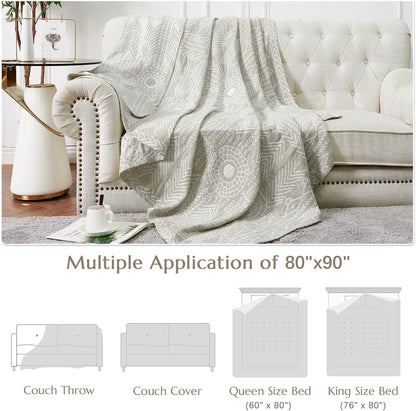 JINCHAN Boho 100% Cotton Muslin Blanket 3-Layer Queen Size 80x90 Inches Geometric Light Grey Lightweight Reversible Soft Comfy Throw for Couch Sofa Bed Coverlet Quilt Large Blanket Bedroom All Seasons
