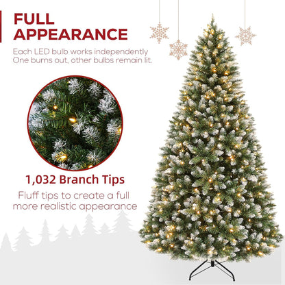 Hykolity 6 ft Prelit Christmas Tree with 250 LED Warm White Lights, Partially Snow Flocked Artificial Tree, 1032 PVC Branches, Metal Stand and Hinged Branches, Holiday Decoration for Home
