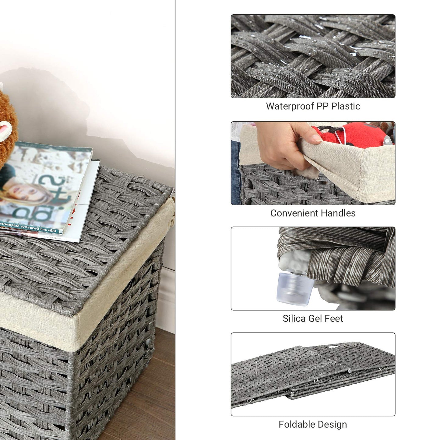 SONGMICS Storage Basket with Lid, Woven Blanket Storage Bin with Handles, Foldable, Removable