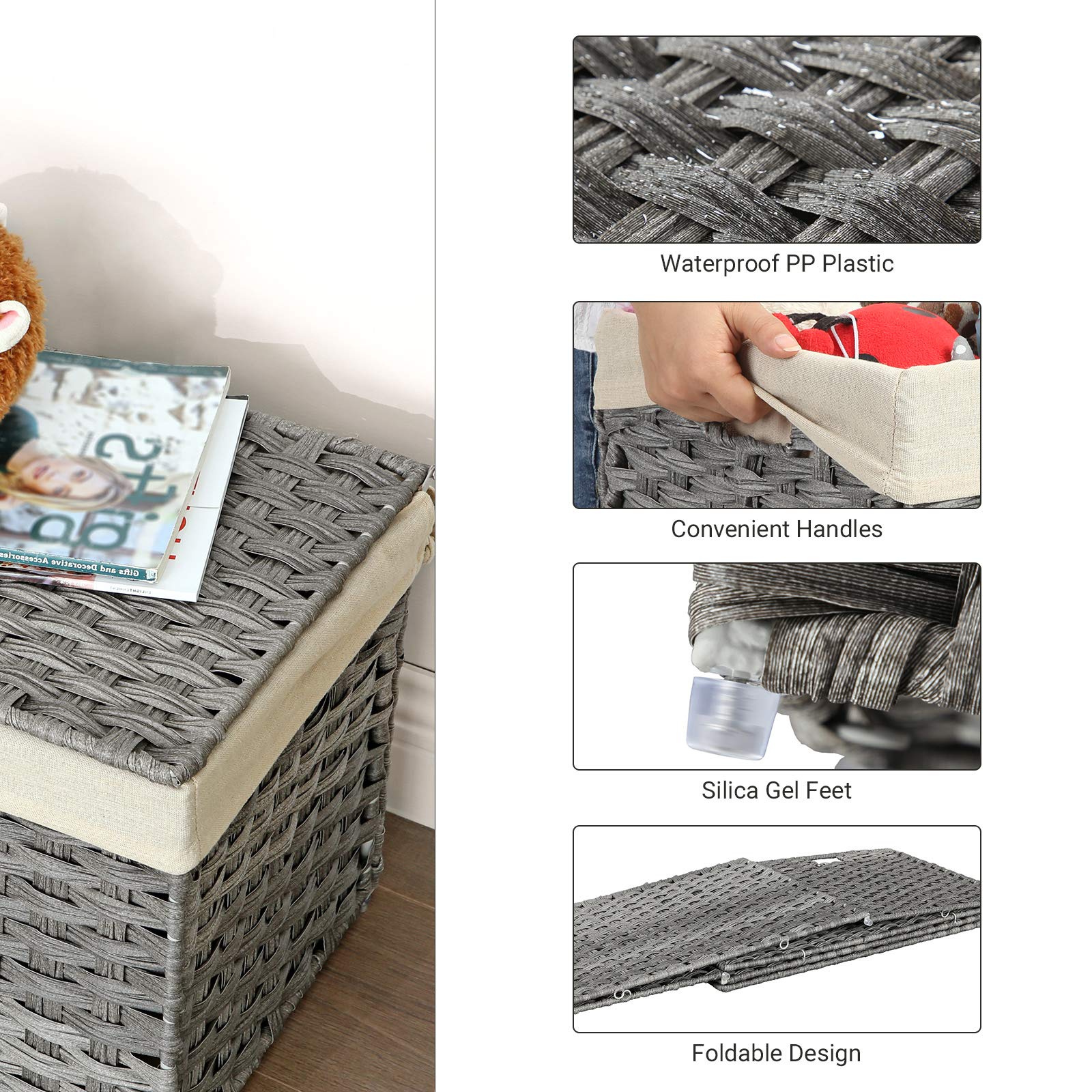 SONGMICS Storage Basket with Lid, Woven Blanket Storage Bin with Handles, Foldable, Removable