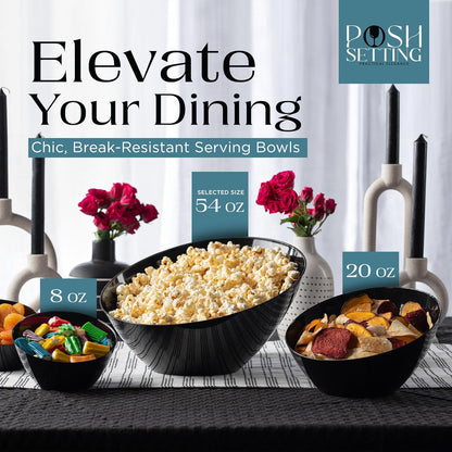 Posh Setting Black Plastic Serving Bowls Disposable - Angled Bowls - Angled Candy Bowl - Plastic Snacks & Chip Bowls for Parties - Black, Gold & Clear, White Serving Dishes, 54 OZ, 5 Pack