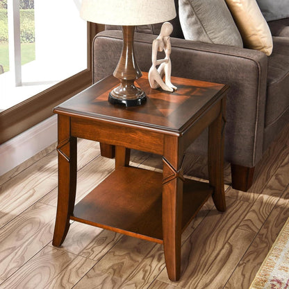 Solid Wood End Table with Storage Shelf, Vintage Rectangle Sofa Side Table with Splicing Tabletop and Carved Leg, BesideTelephone Table Cherry Brown,19.7 * 17.7 * 19.7in CJZ-DR200