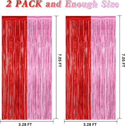 2 Pack Backdrop Curtains, 3.28 Feet x 7.05 Feet Red Pink Backdrop, Metallic Fringe Curtains Tinsel Backdrop Party Streamer, Babie Backdrop Happy Birthday Party Supplies Decorations