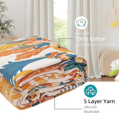 Boho Throw Blanket for Bed - 100% Pure Cotton Ultra Soft Rustic Quilt - Farmhouse Decor Bed Blankets, All Season Rustic Throw for Sofa Couch Chair(60"×80", Floral Bird)