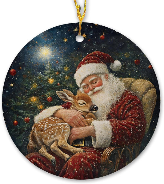 Vintage Christmas Santa Deer Ceramic Ornament Gifts, Rustic Winter Christmas Decorative Hanging Ornaments for Xmas Tree Holiday Party Decoration, Santa Deer Xmas Tree Decorations
