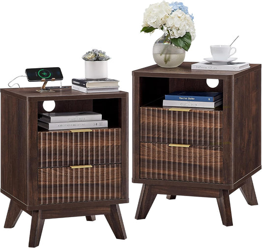 T4TREAM Fluted Nightstand Set of 2 with Charging Station, 18" Modern Side Table, 2 Drawers End Table with Storage, Bedside for Bedroom, Living Room, Curved Profile Design, Dark Walnut