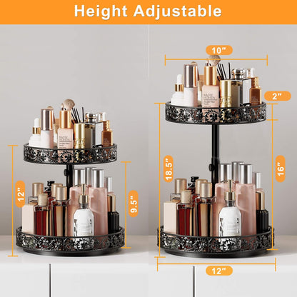 Two Tier Lazy Susan Organizer Turntable Height Adjustable, 2 Tier Lazy Susan 12 Inch Metal Easy Assembly, Spice Rack Organizer Rotating for Cabinet Dining Table Top Kitchen Countertop Black
