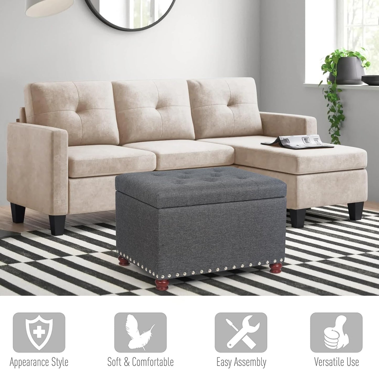 Joveco Storage Ottoman Linen Tufted Bench with Rivet, Rectangular Footrest Stool Coffee Table Seat for Living Room Bedroom, Grey