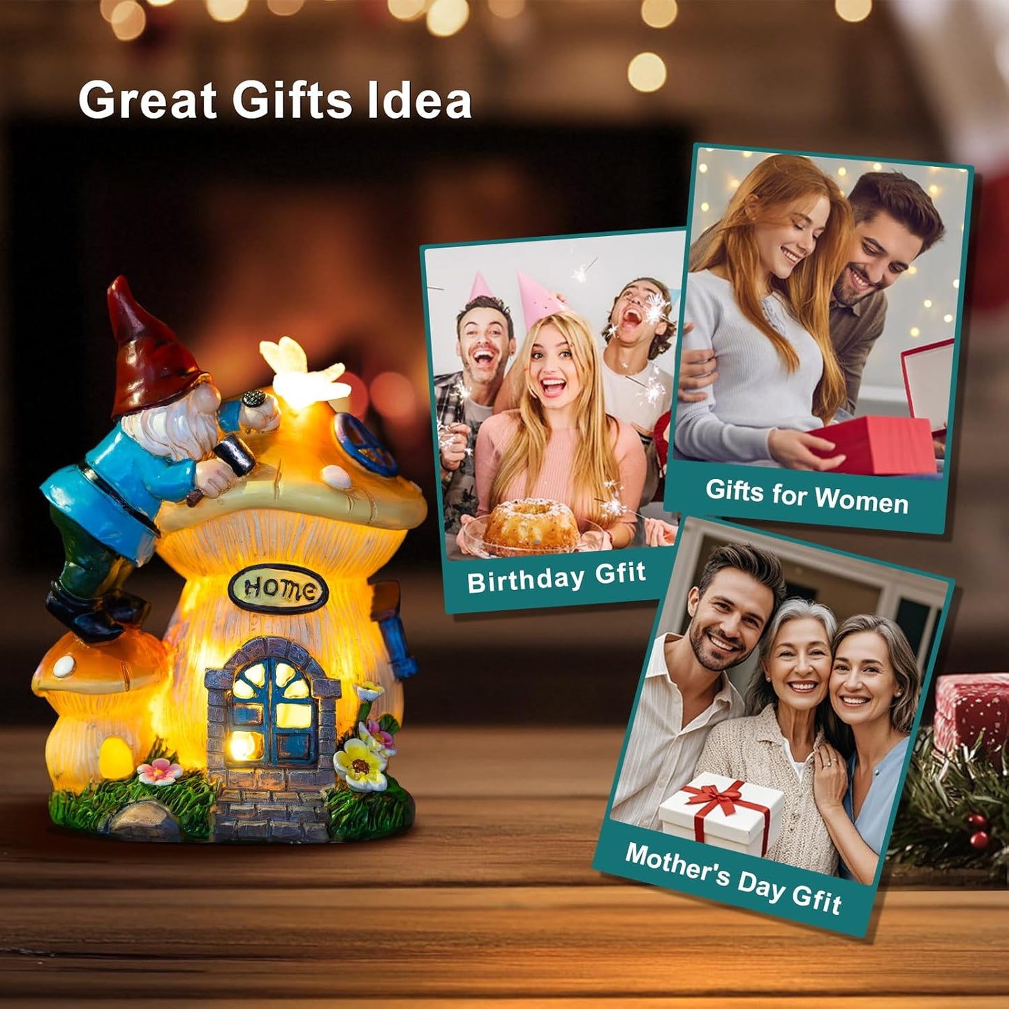 Garden Gnome Statues Figurine Lights - Solar Powered Lighting Outdoor Decorations, Gnome Build Mushroom Fairy House, Yard Art Lawn Ornaments for Porch Patio Balcony - Gnome Gifts for Women Mom