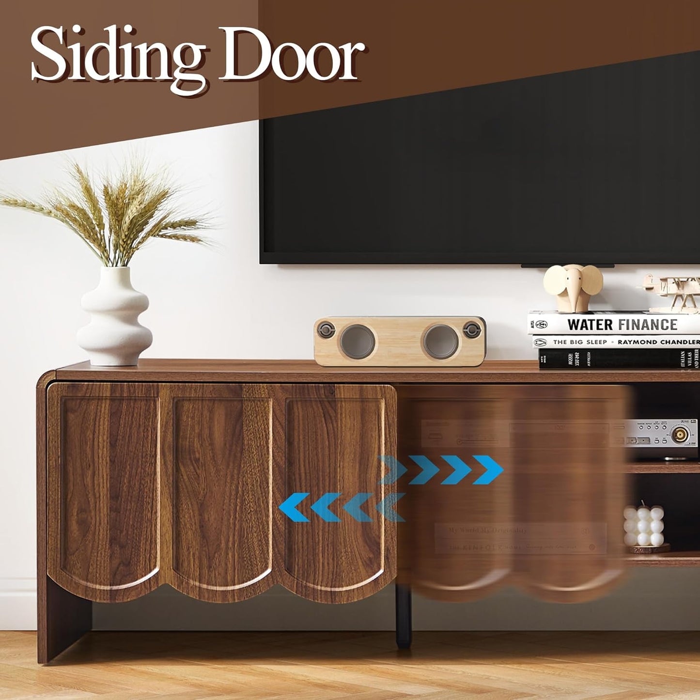 ORRD 63'' TV Stand, Modern TV Console Table Wave Panel Television Stands Entertainment Media Center with Storage Compartment and Sliding Door for Living Room (Walnut)