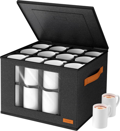 2-Layer Coffee Mug Storage Box with Dividers, Coffee Cup Storage Organizer with Zipper Lid and Handles, Stackable Mug and Cup organizer Service for 24 Coffee Mugs, Cups and Glasses, Dark Grey