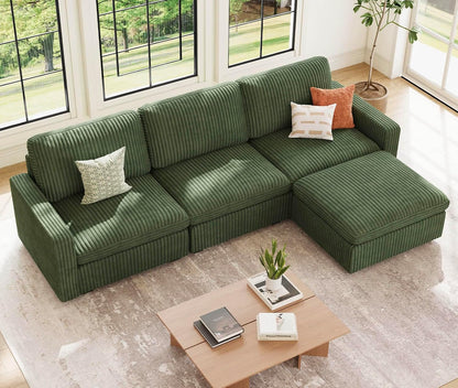 Belffin Modular Sectional Sofa with Storage Ottoman, Oversized Cloud Couch Sectional with Extra Deep Seat, Convertible L Shaped 4 Seater Sectional Couches for Living Room, Plush Corduroy Green