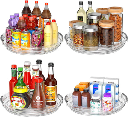 Clear Lazy Susan Organizer Turntable for Cabinet Table Top, 9.25 Inch 4 Pack 360 Rotating Spinning Makeup Organizer for Vanity, Kitchen Storage Rack Heavy-Duty Pantry Spices Tray Countertop Organizer