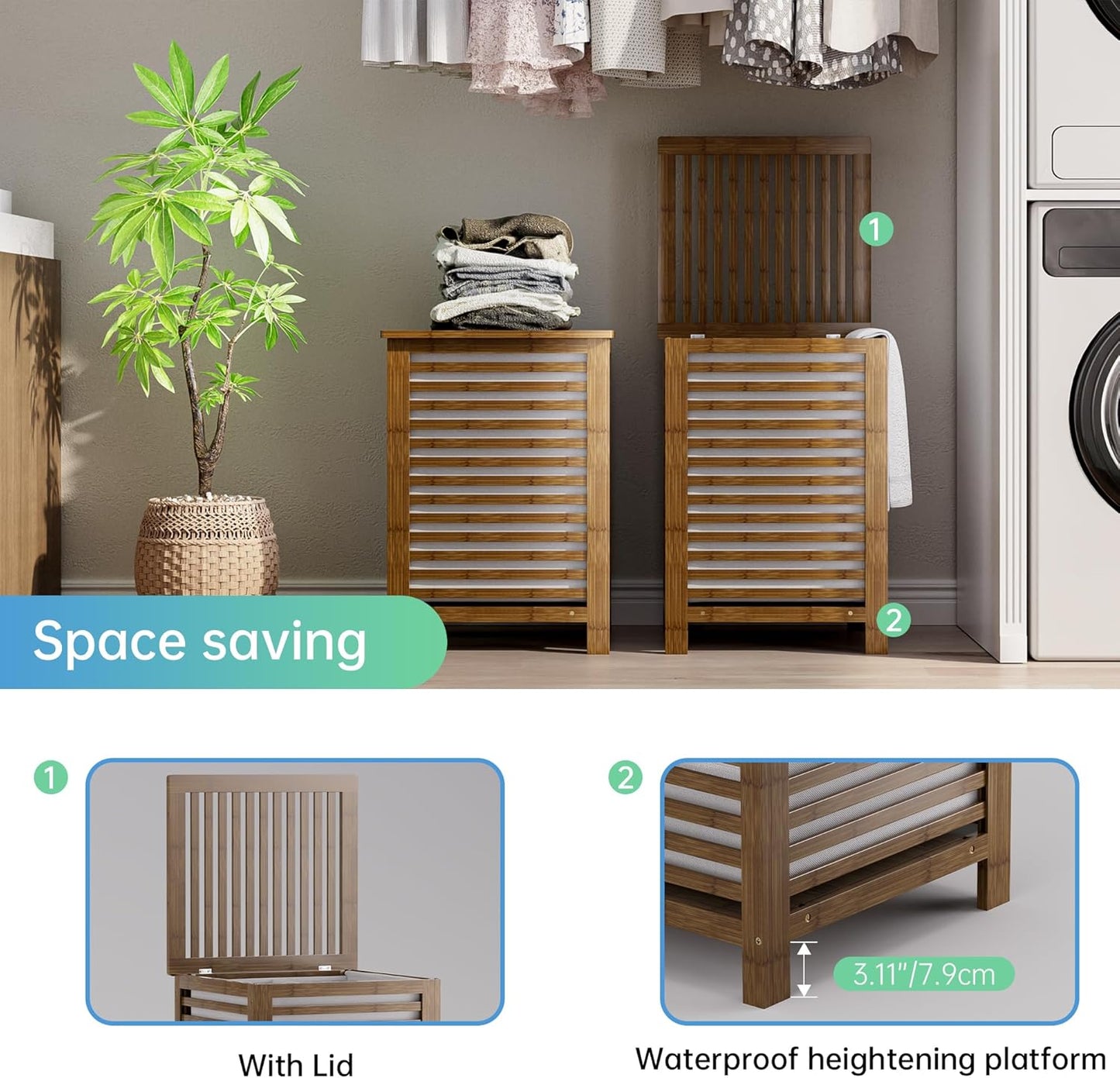 SMIBUY Double Laundry Hamper with Lid, 120L Bamboo Laundry Basket with Removable Liner Bag, 2-Section Clothes Divider Laundry Sorter for Laundry Room, Bathroom, Bedroom (Walnut)