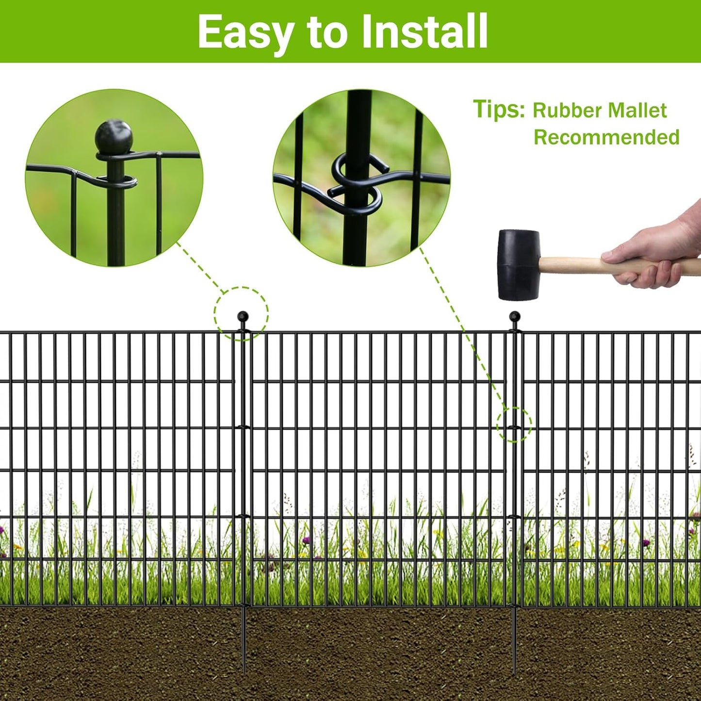 4 Panels No Dig Decorative Outdoor Garden Fence with Gate for Yard, 48 in(H) X 10.5 ft(L) Animal Barrier Fencing Rustproof Metal Wire Panel Border for Dog, Rabbits, and Patio Temporary Ground Stakes