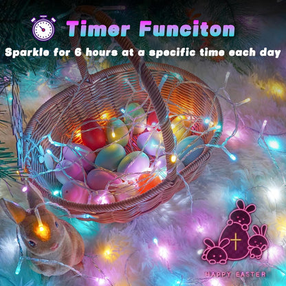 Easter Lights Battery Operated Fairy Lights, 2 Pack 33FT 100LED Multicolor easter String Lights, 8 Modes Waterproof Pastel Light Indoor Outdoor, Twinkle Lights for Room Garden Party Easter Decorations