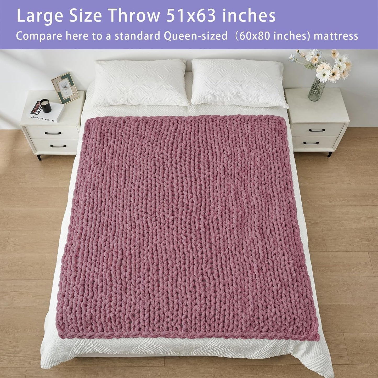 Bigacogo Chunky Knit Throw Blanket for Couch, 51x63 inches, 100% Hand Knitted with Thick Jumbo Chenille Yarn, Cozy Soft Large Rope Knot Cable Crochet Blankets for Sofa Bed Living Room, Burnt Rose